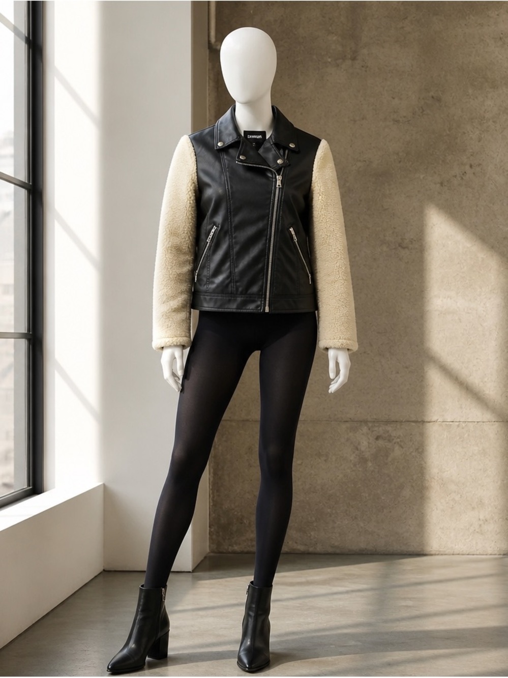 Express Black Faux Leather Bomber Jacket with Cream Sherpa Sleeves